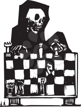 Image of death playing chess in a woodcut style.