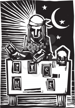 Woodcut style image of a gypsy giving a tarot reading.