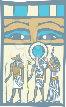Anubis and Horus the Pharaoh's eyes Egyptian hieroglyph in woodcut style.
