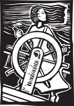 Girl in a dress pilots a ship at sea in a woodcut style image.