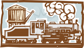 Woodcut style image of a locomotive train with a railroad water tower.