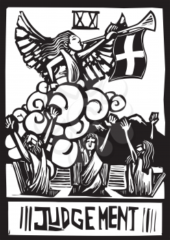 Woodcut expressionist style image for the Tarot card judgement.