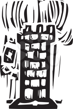 Woodcut expressionist style of a castle tower with a person falling off