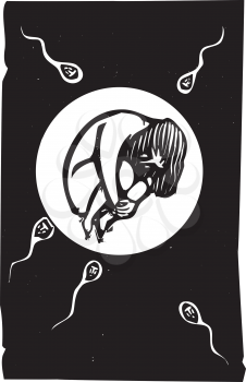Woodcut expressionist style image of a Woman in an egg being fertilized by male sperm.