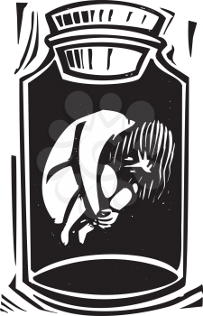 Woodcut style expressionist image of a human body in a jar.
