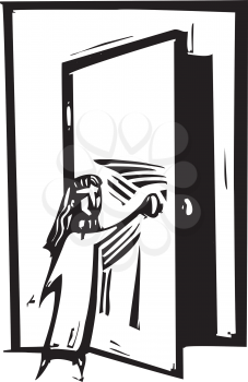 Woodcut style expressionist image of a girl opening a door.