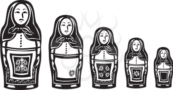 woodcut style image of a series of Russian nested dolls.