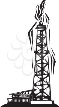 Royalty Free Clipart Image of a Woodcut Style of an Oil Well