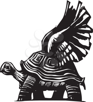 Royalty Free Clipart Image of Woodcut Style of a Turtle With Wings