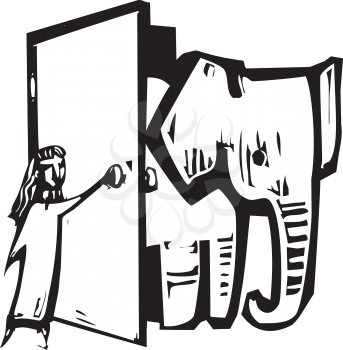 Royalty Free Clipart Image of a Girl Opening a Door to an Elephant