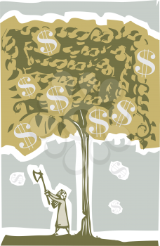 Woodcut style image of a girl chopping down a tree full of money