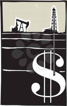 Woodcut style image Oil well drilling down into the earth and into a dollar sign.