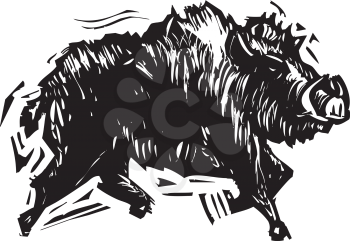 Woodcut style image of a wild boar with tusks.