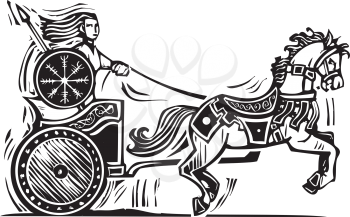 Woodcut style image of the Celtic heroine Brigid riding a chariot.