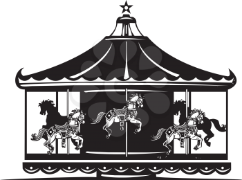 Woodcut style image of a fair carousel