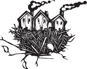 Woodcut style of a number of houses sitting in a birds nest.