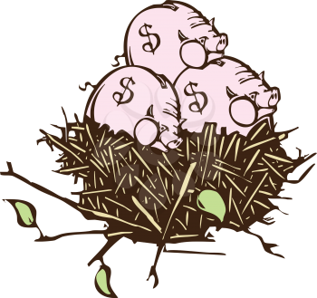Woodcut style image of a nest with piggy banks instead of eggs.