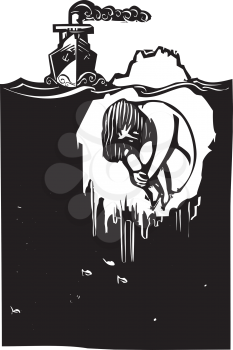 Woodcut style image of a steam ship approaching an iceberg with a man frozen inside.