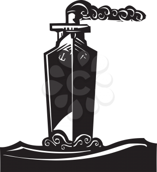 Woodcut style image of a art deco steam ship on the ocean.