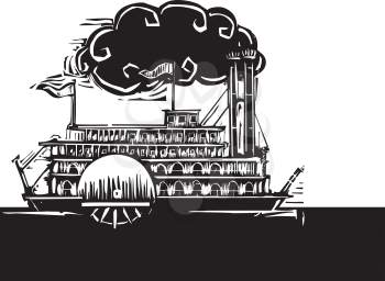 Woodcut style side wheel Mississippi river steamboat on dark water.