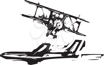Rough woodcut style images of a jet and a biplane aircraft.