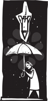 Woodcut style image of a missile or bomb raining down from a stormy sky over a person with an umbrella