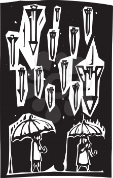 Woodcut style image of missiles raining down from a stormy sky over people with umbrellas