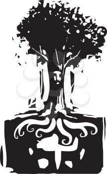Woodcut style image of a tree with a face where roots grow out of mans head.