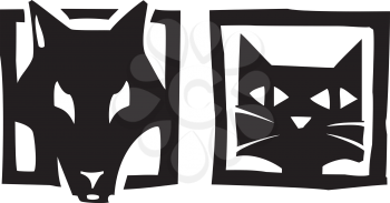 Woodcut style image or icons of a dog and and cat