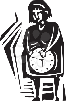 Woodcut style expressionist image of a pregnant woman with a clock in her belly.