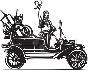 Woodcut style expressionist image of a wild west sheriff in a junk filled vintage car