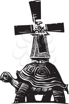 Woodcut style image of a old style dutch windmill on a turtle's back.