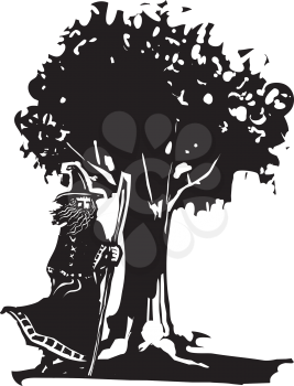 Woodcut style image of a wizard standing next to an oak tree.