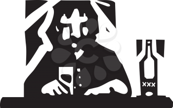 Woodcut style image a man drinking alone at a bar