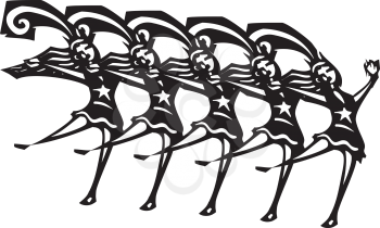 Woodcut style image of women in a Vegas style chorus line