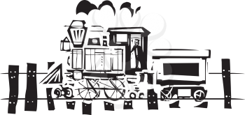 Woodcut expressionist style image of a railroad locomotive train on tracks