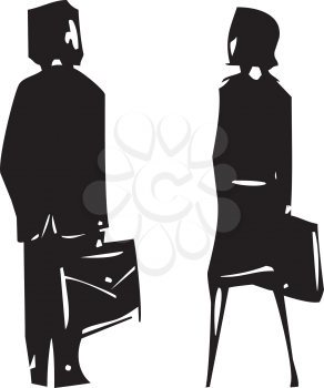 Woodcut expressionist style image of a a man and a woman in business suits facing away.