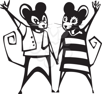 Mouse boy and girl holding hands in black in white