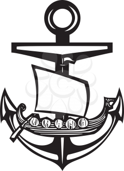 Woodcut style sea anchor with viking ship