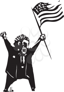 Woodcut style expressionist image of flag waving angry man