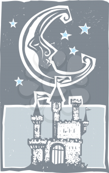 Woodcut style moon and fantasy castle at night