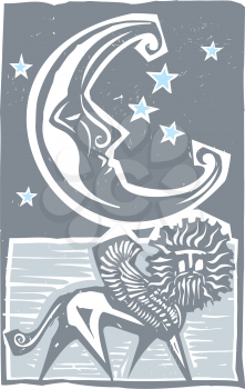 Woodcut style moon and a mythical Persian Sphinx
