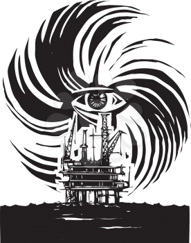 Woodcut style image of human eye in a hurricane storm with an oil rig