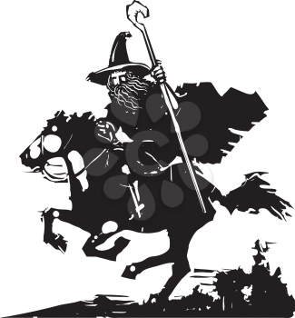 A woodcut style wizard with a staff riding a horse.