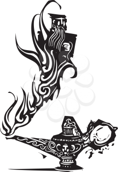Woodcut expressionistic image of a magic genie or Djinn emerging from an oil lamp