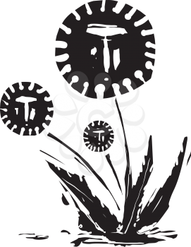 Woodcut expressionist style image of a dandelion with a covid corona and human faces