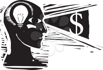 Woodcut expressionist style image of a man with a lightbulb in his head illuminating a dollar sign.
