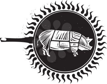 Woodcut Frying Pig with a butchers part diagram in a pan.