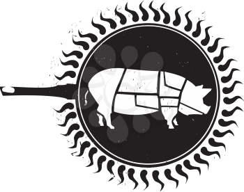 Woodcut Frying Pig with a butchers part diagram in a pan.