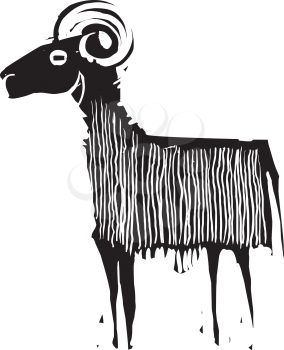 Woodcut style expressionistic image of ram or goat